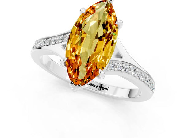 Platinum Marquise Cut Citrine Solitaire Ring with Pavé Band and Prong Setting