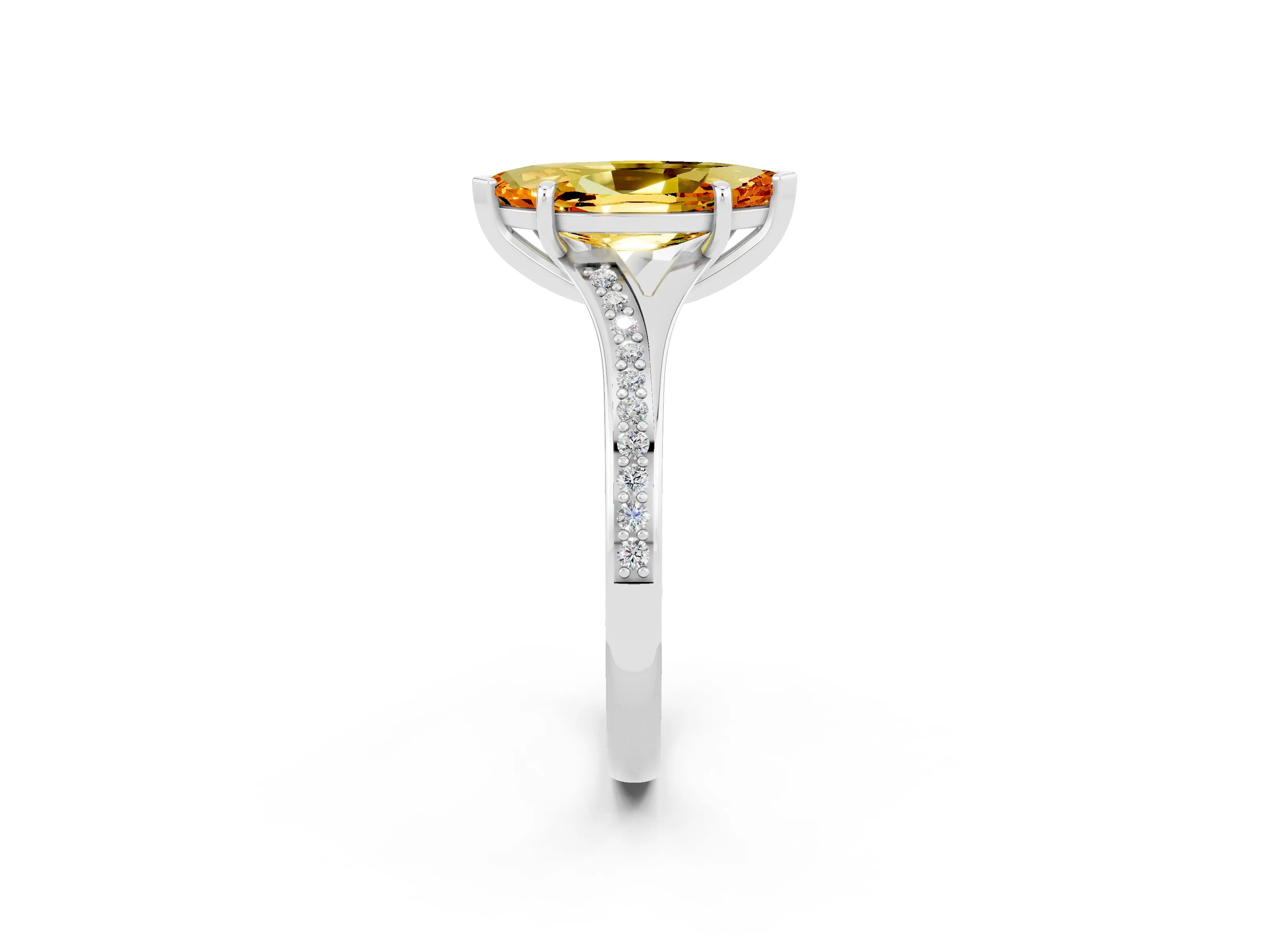 White gold Marquise Cut Citrine Solitaire Ring with Pavé Band and Prong Setting_14
