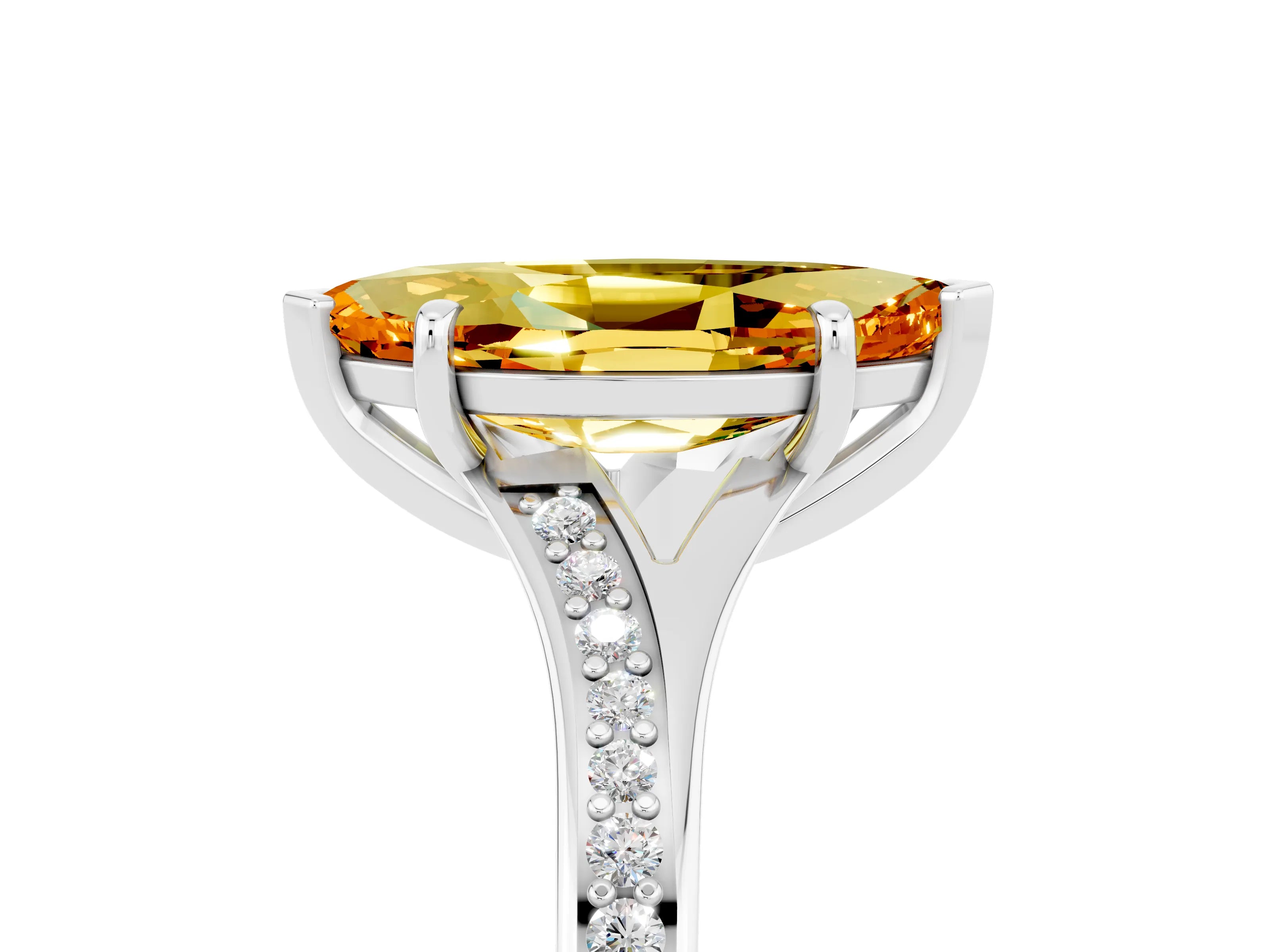 White gold Marquise Cut Citrine Solitaire Ring with Pavé Band and Prong Setting_17