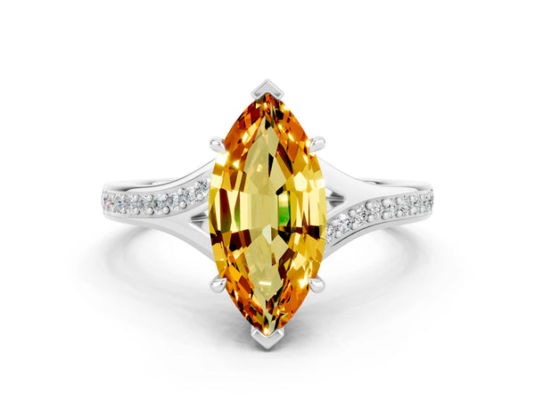 Silver Marquise Cut Citrine Solitaire Ring with Pavé Band and Prong Setting