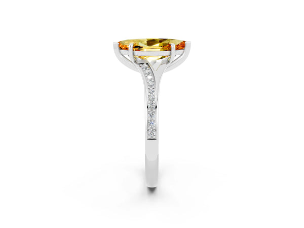 White gold Marquise Cut Citrine Solitaire Ring with Pavé Band and Prong Setting