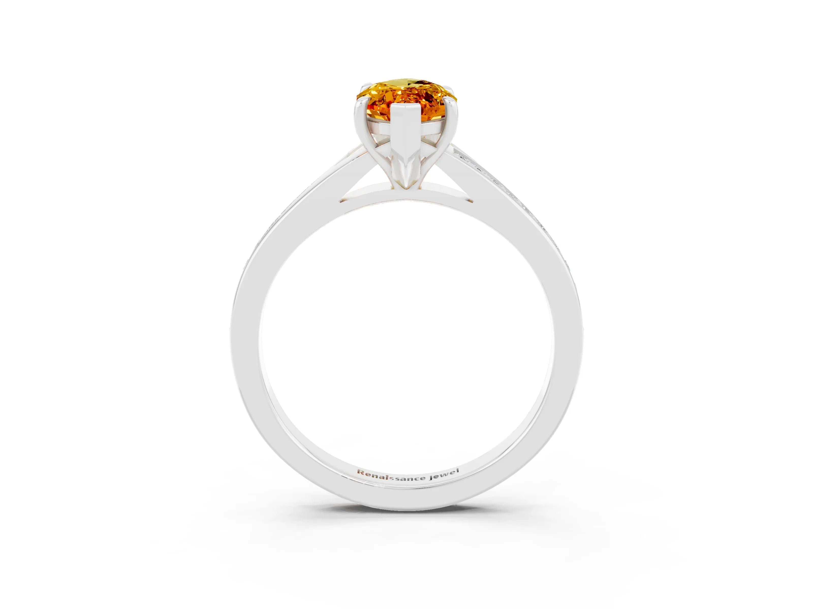 White gold Marquise Cut Citrine Solitaire Ring with Pavé Band and Prong Setting_3