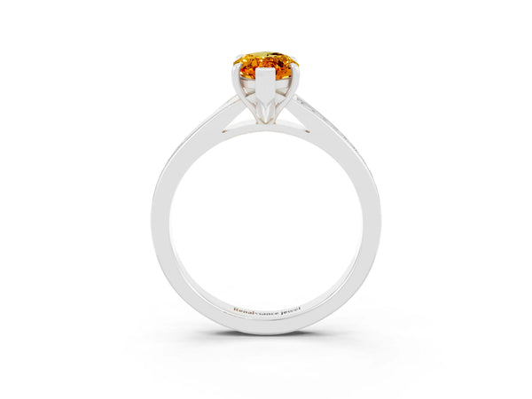 White gold Marquise Cut Citrine Solitaire Ring with Pavé Band and Prong Setting