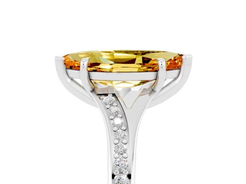 White gold Marquise Cut Citrine Solitaire Ring with Pavé Band and Prong Setting_5