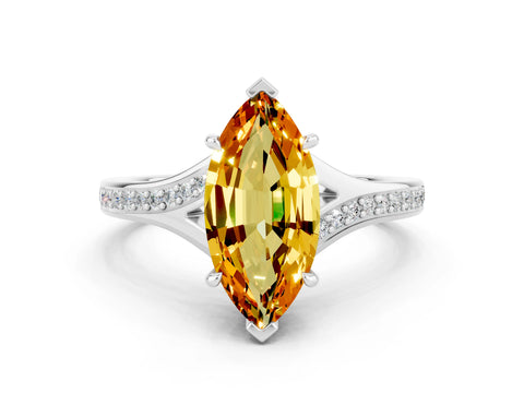 White gold Marquise Cut Citrine Solitaire Ring with Pavé Band and Prong Setting