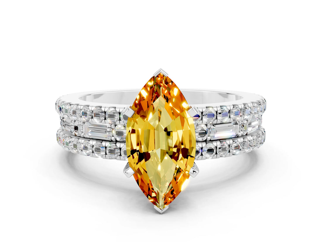 White gold Marquise Cut Citrine Solitaire Ring with Pavé and Channel Set Band