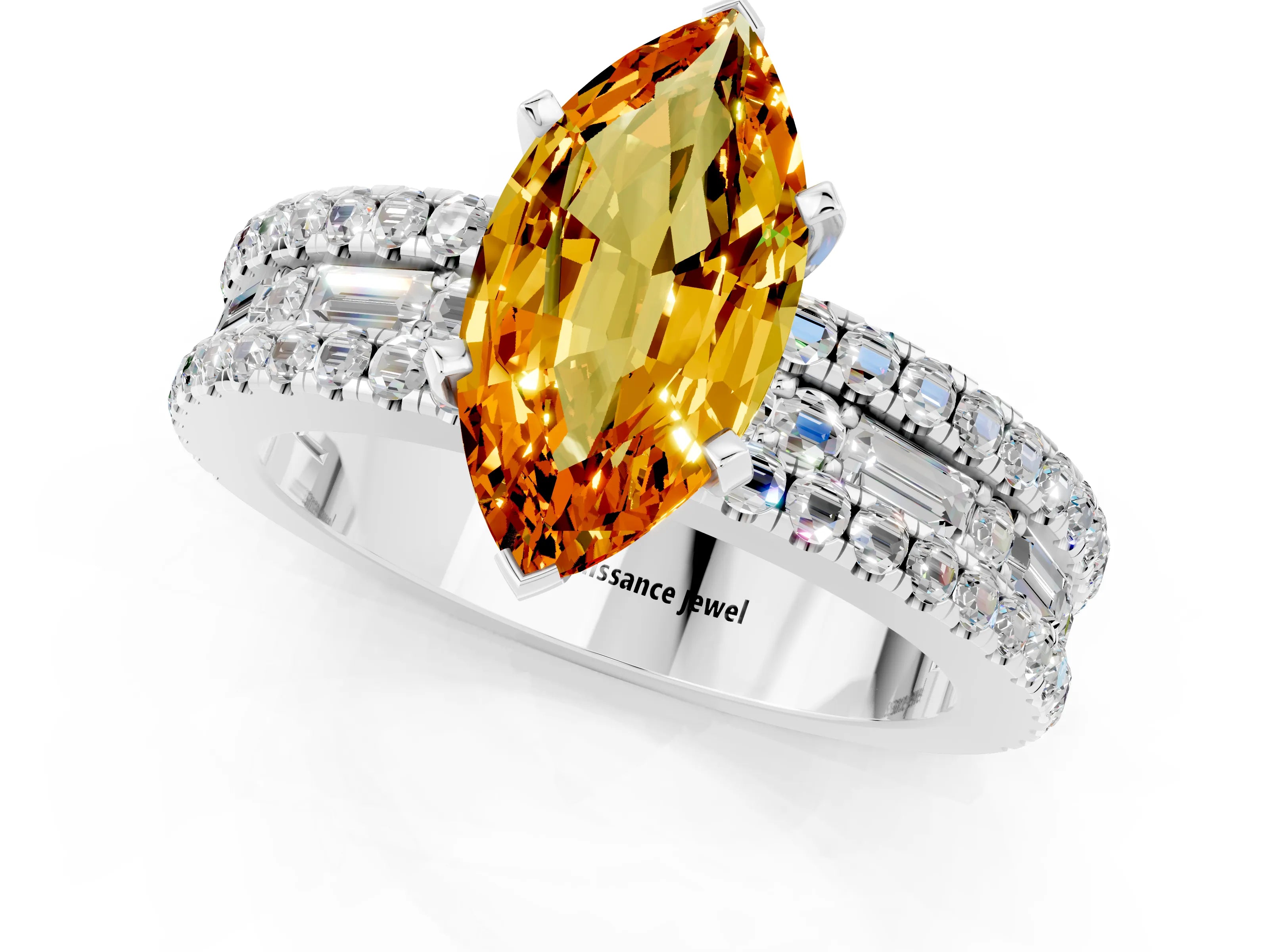 White gold Marquise Cut Citrine Solitaire Ring with Pavé and Channel Set Band_1