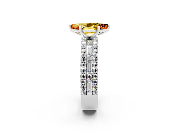 Platinum Marquise Cut Citrine Solitaire Ring with Pavé and Channel Set Band