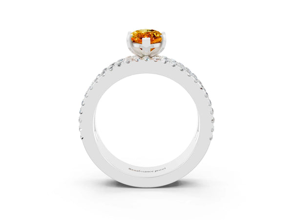 White gold Marquise Cut Citrine Solitaire Ring with Pavé and Channel Set Band