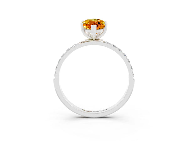 Platinum Marquise Cut Citrine Solitaire Ring with Round  Pavé Band and Prong Setting