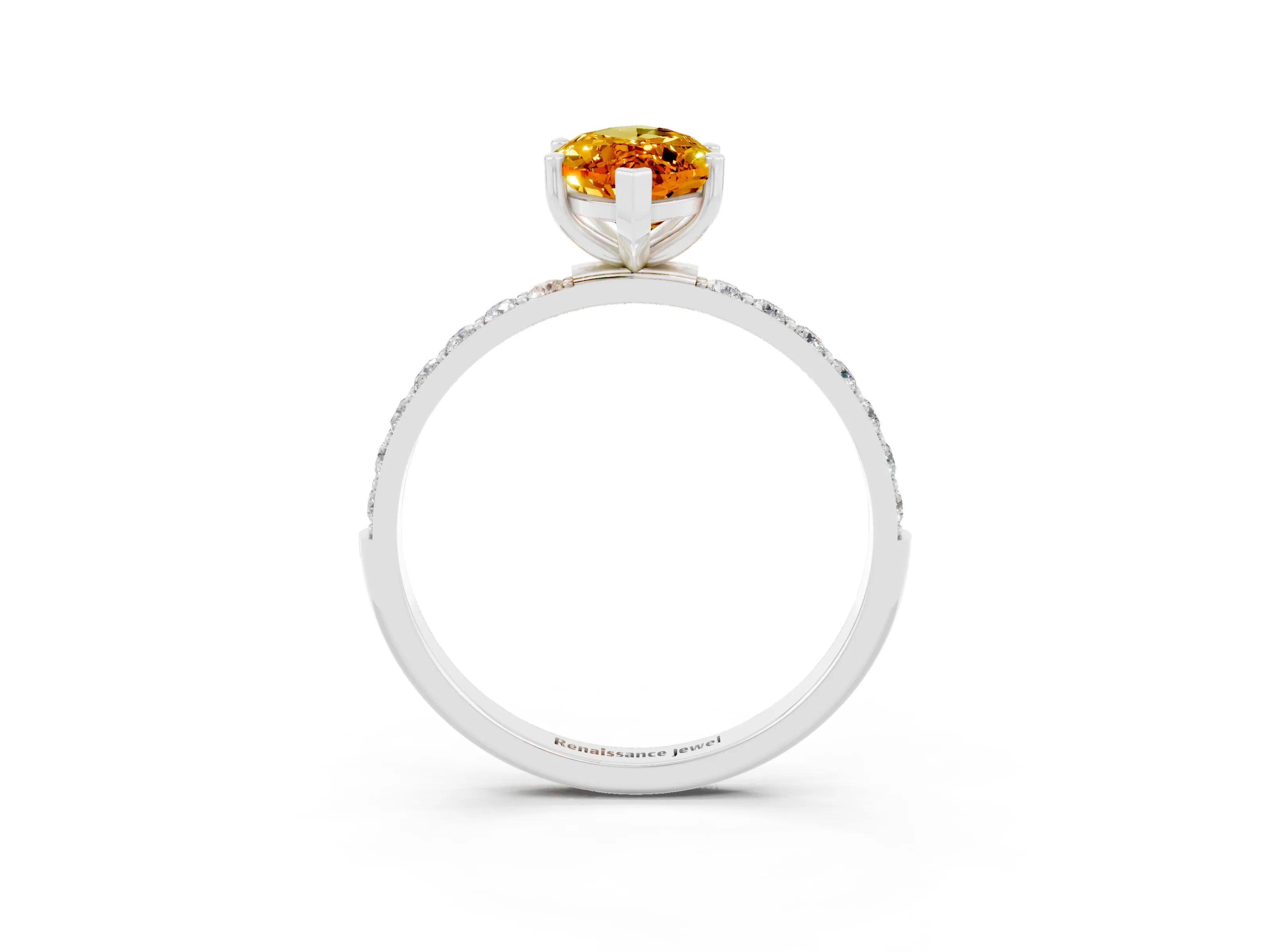 White gold Marquise Cut Citrine Solitaire Ring with Pave Band and Four Prong Setting_15