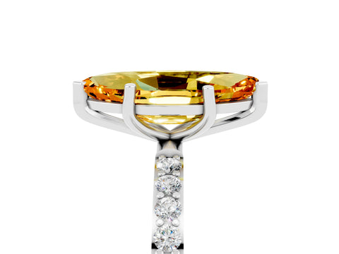 White gold Marquise Cut Citrine Solitaire Ring with Pave Band and Four Prong Setting_17