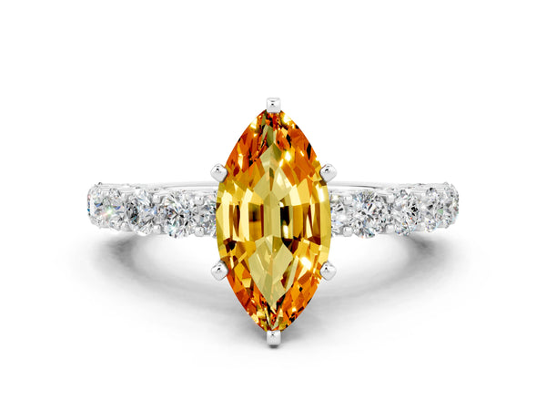Platinum Marquise Cut Citrine Solitaire Ring with Shared Prong Pavé Band and Four-Prong Setting