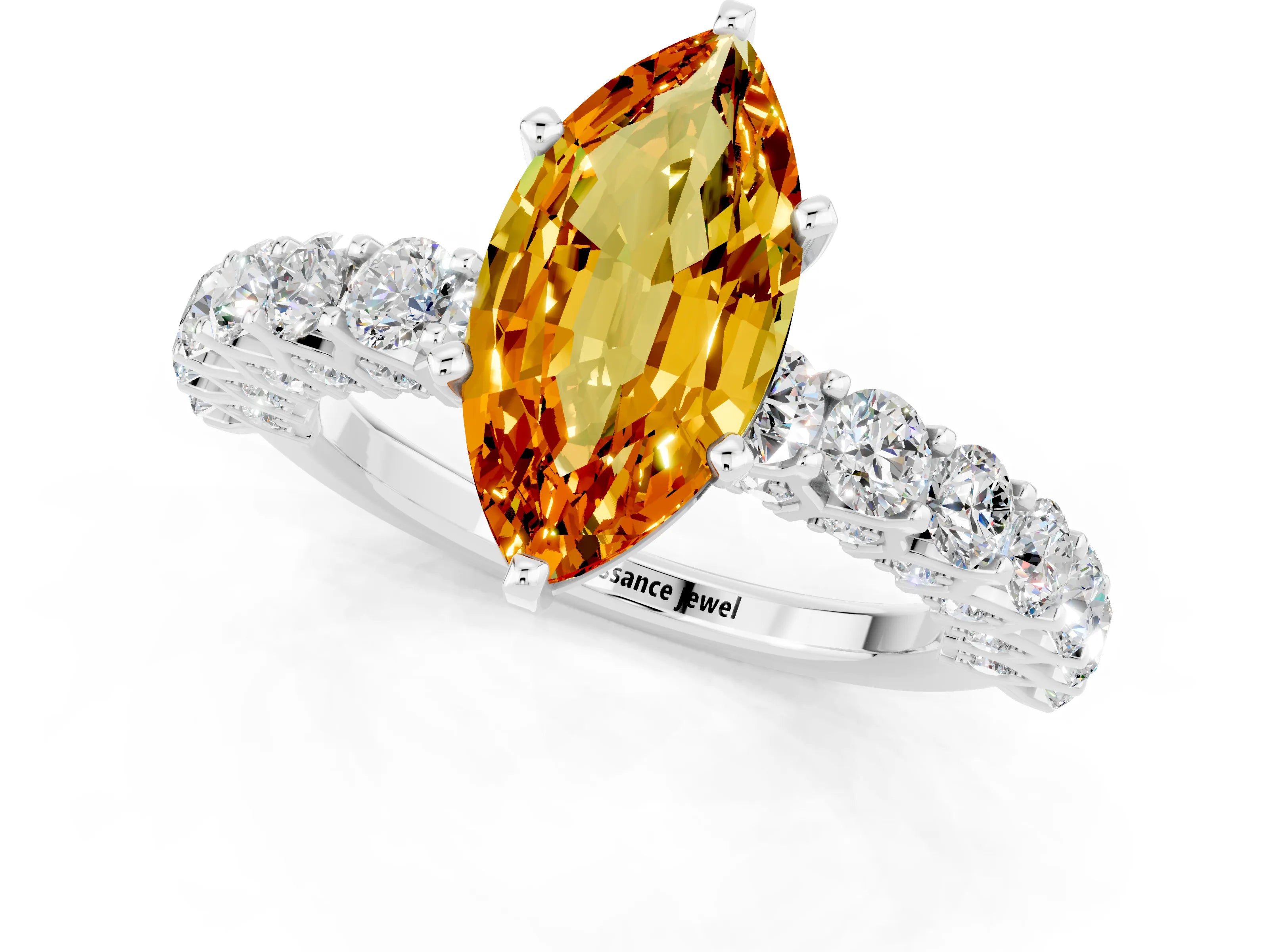 White gold Marquise Cut Citrine Solitaire Ring with Shared Prong Pavé Band and Four-Prong Setting_1