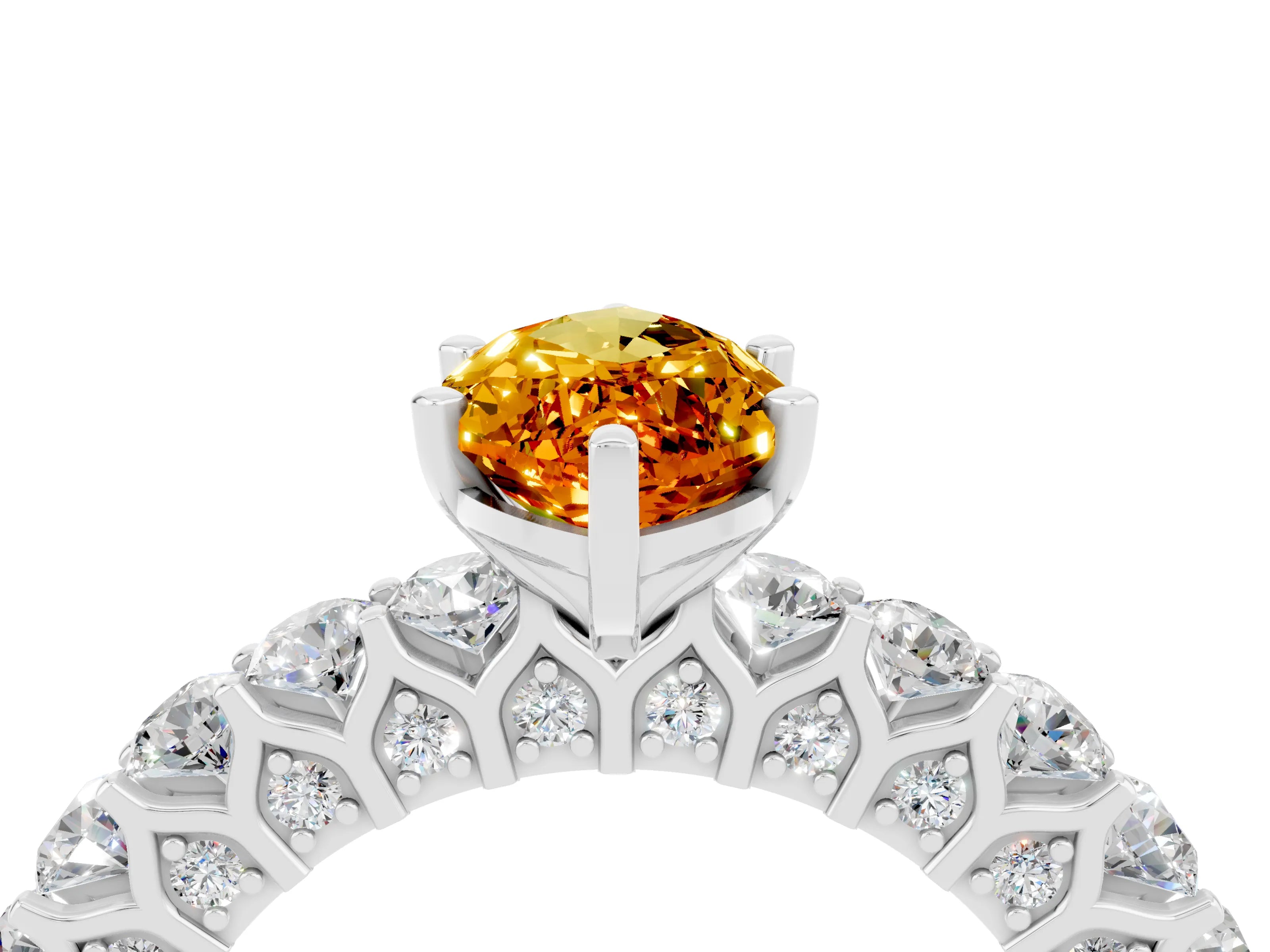White gold Marquise Cut Citrine Solitaire Ring with Shared Prong Pavé Band and Four-Prong Setting_4