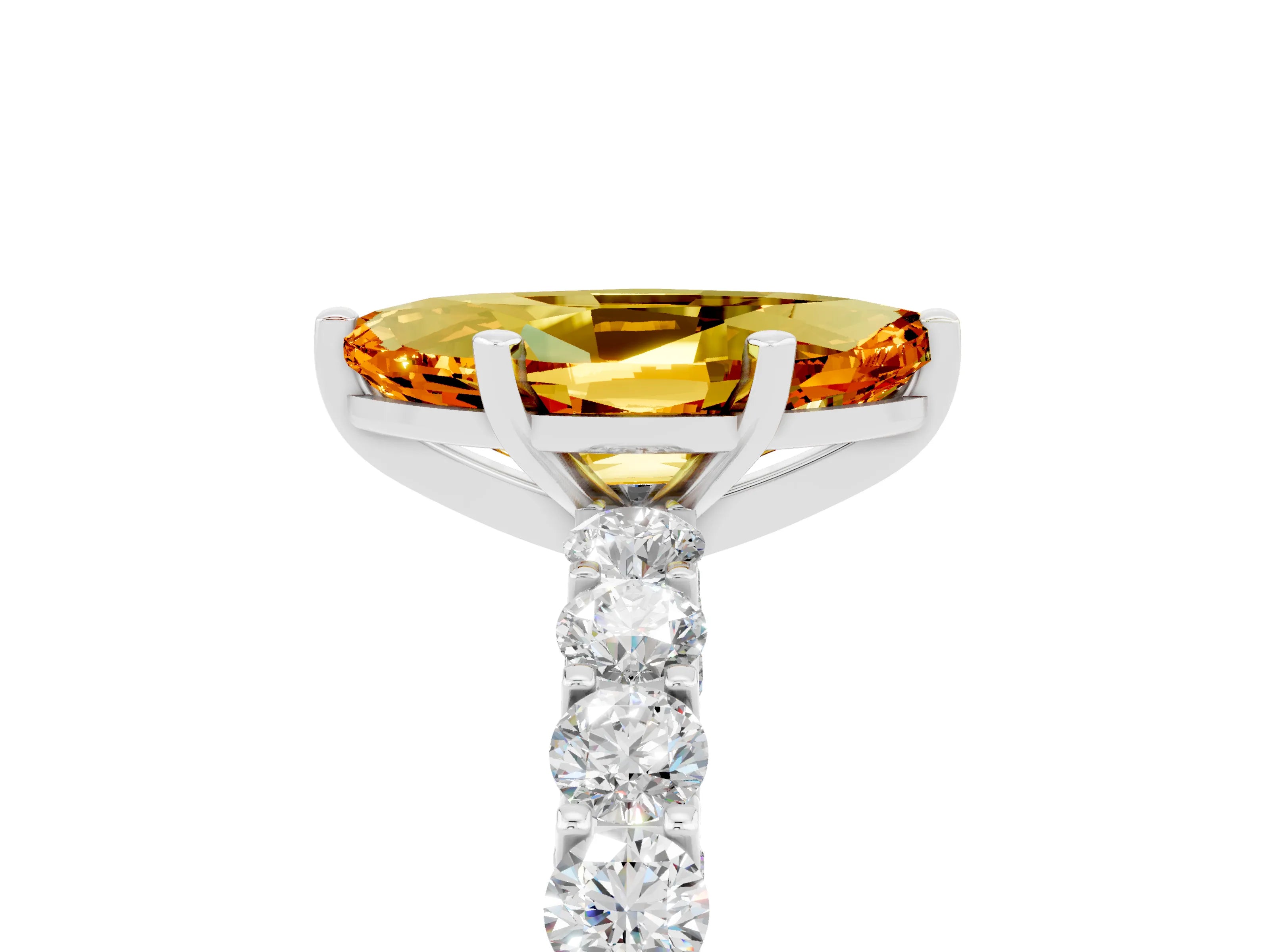 White gold Marquise Cut Citrine Solitaire Ring with Shared Prong Pavé Band and Four-Prong Setting_5