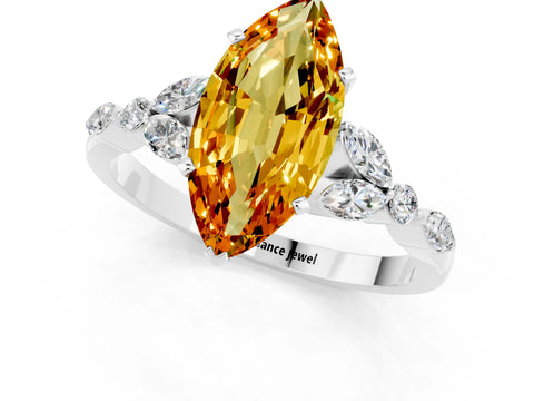 White gold Marquise Cut Citrine Solitaire Ring with Side Stones and Four-Prong Setting_34