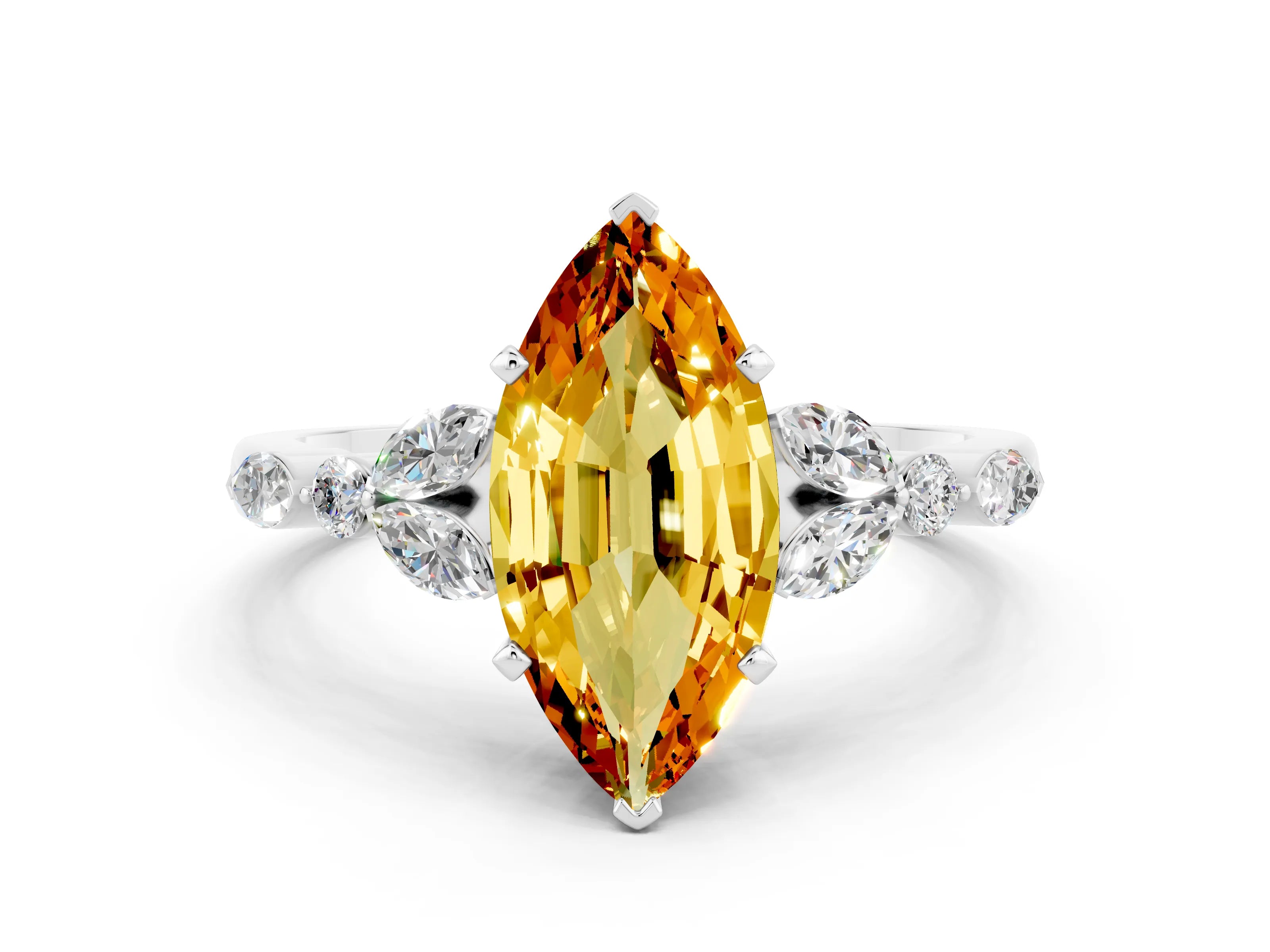 White gold Marquise Cut Citrine Solitaire Ring with Side Stones and Four-Prong Setting_42