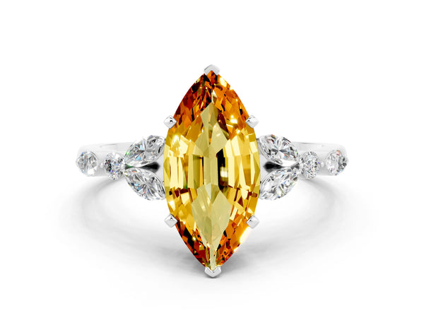 White gold Marquise Cut Citrine Solitaire Ring with Side Stones and Four-Prong Setting