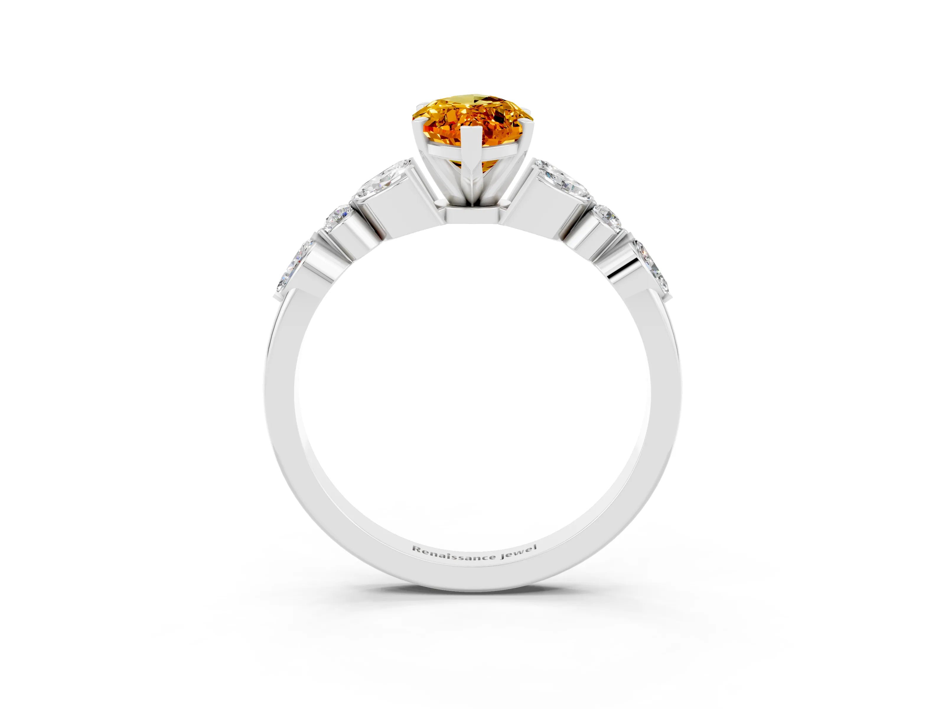 White gold Marquise Cut Citrine Solitaire Ring with Side Stones and Four-Prong Setting_45