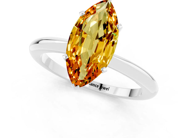 White gold Marquise Cut Citrine Solitaire Ring with Six-Prong Setting and Classic Band