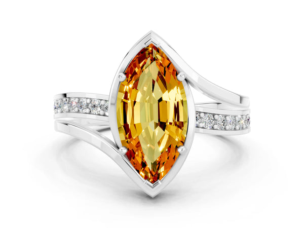 White gold Marquise Cut Citrine Solitaire Ring with Split Shank and Prong Setting