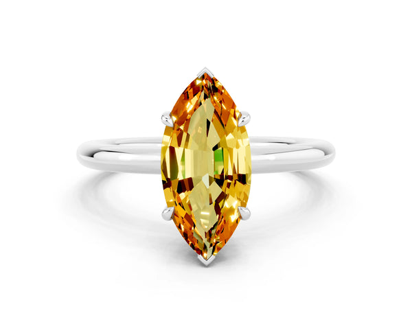 Platinum Marquise Cut Citrine Solitaire Ring with Thin Band and Four-Prong Setting