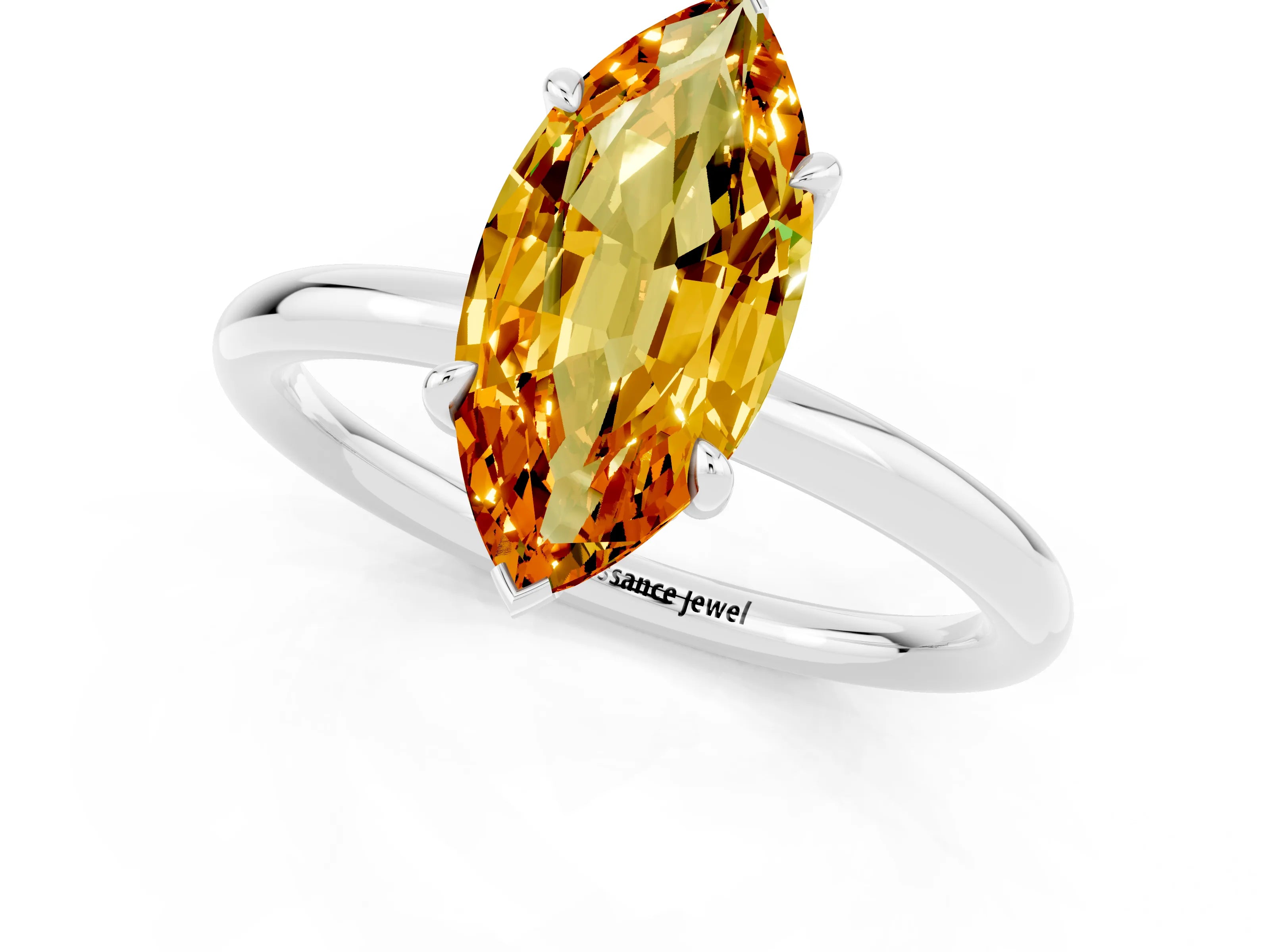 White gold Marquise Cut Citrine Solitaire Ring with Thin Band and Four-Prong Setting_13