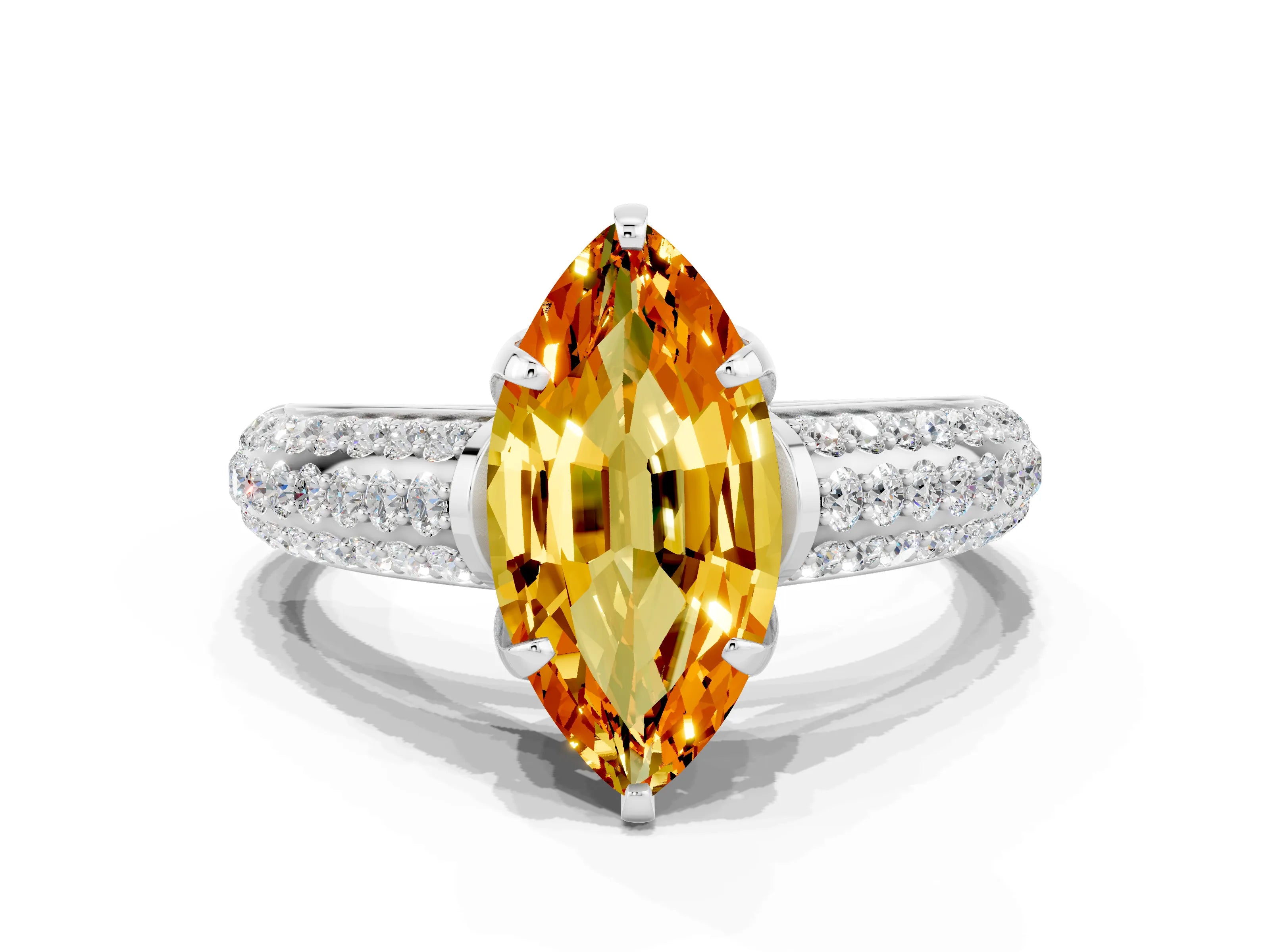 White gold Marquise Cut Citrine Solitaire Ring with Three-Row Pavé Band and Four-Prong Setting_12