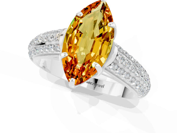 Silver Marquise Cut Citrine Solitaire Ring with Three-Row Pavé Band and Four-Prong Setting
