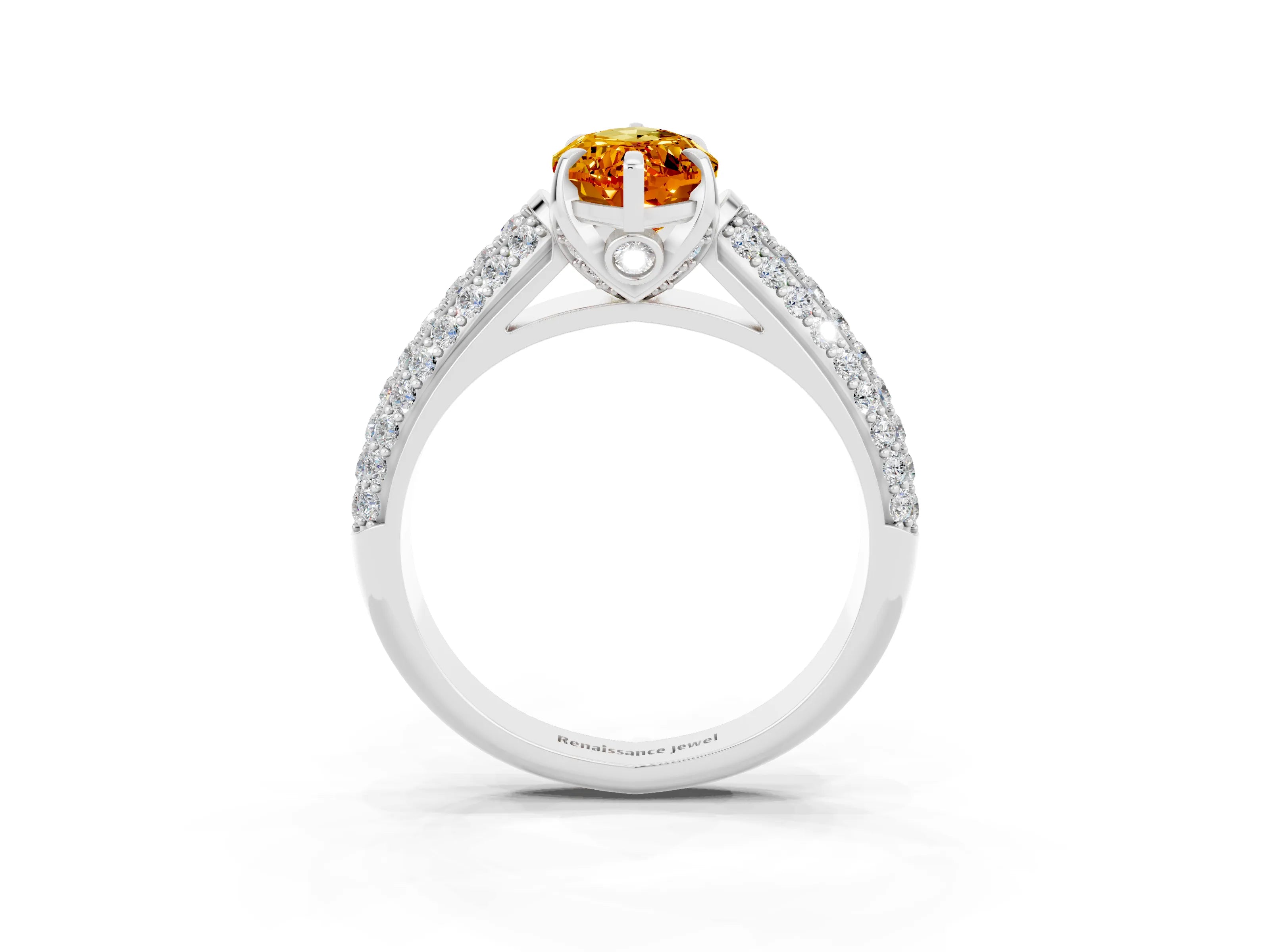 White gold Marquise Cut Citrine Solitaire Ring with Three-Row Pavé Band and Four-Prong Setting_15