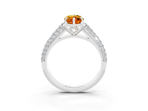 Silver Marquise Cut Citrine Solitaire Ring with Three-Row Pavé Band and Four-Prong Setting