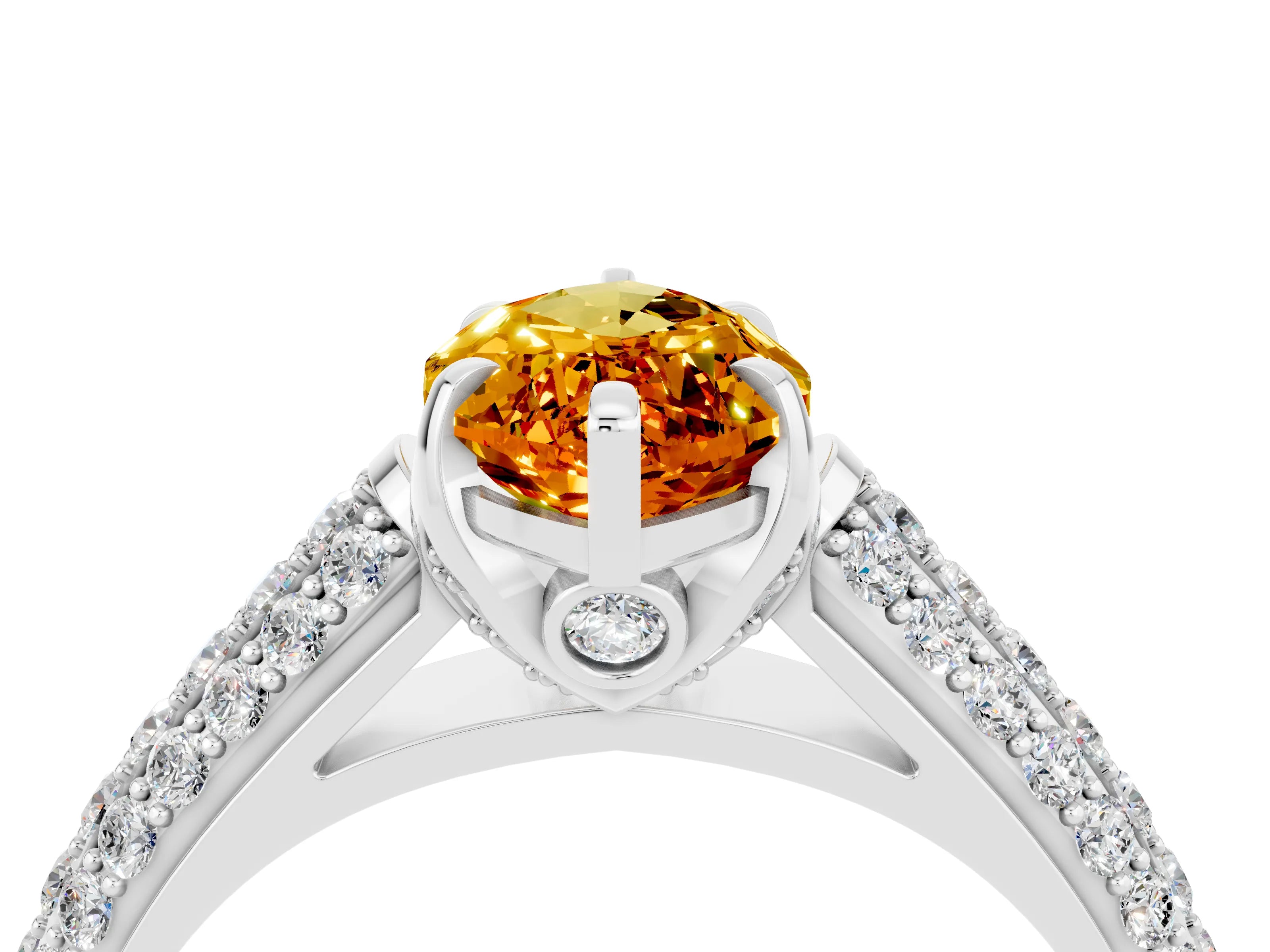 White gold Marquise Cut Citrine Solitaire Ring with Three-Row Pavé Band and Four-Prong Setting_16