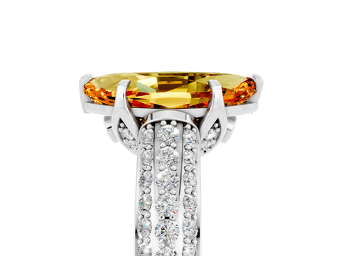 White gold Marquise Cut Citrine Solitaire Ring with Three-Row Pavé Band and Four-Prong Setting_17