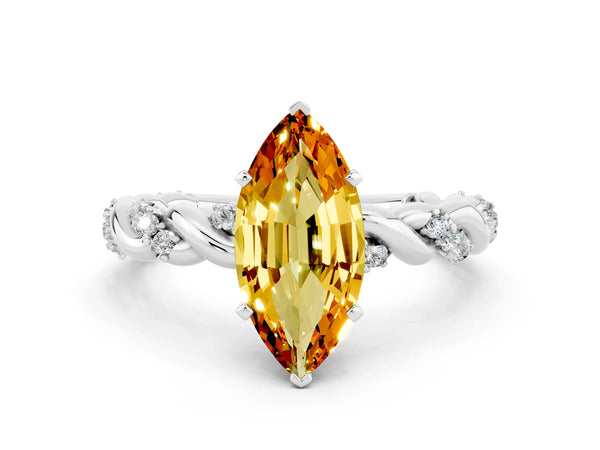 Silver Marquise Cut Citrine Solitaire Ring with Twisted Band and Pavé Accents