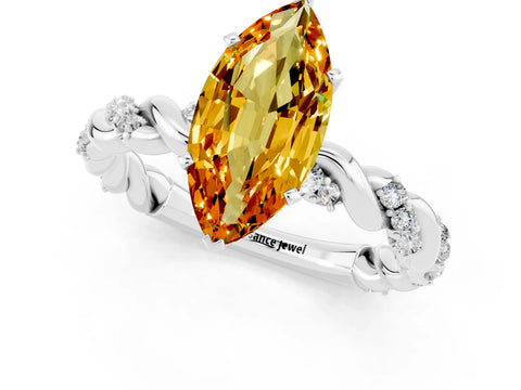 White gold Marquise Cut Citrine Solitaire Ring with Twisted Band and Pavé Accents_1