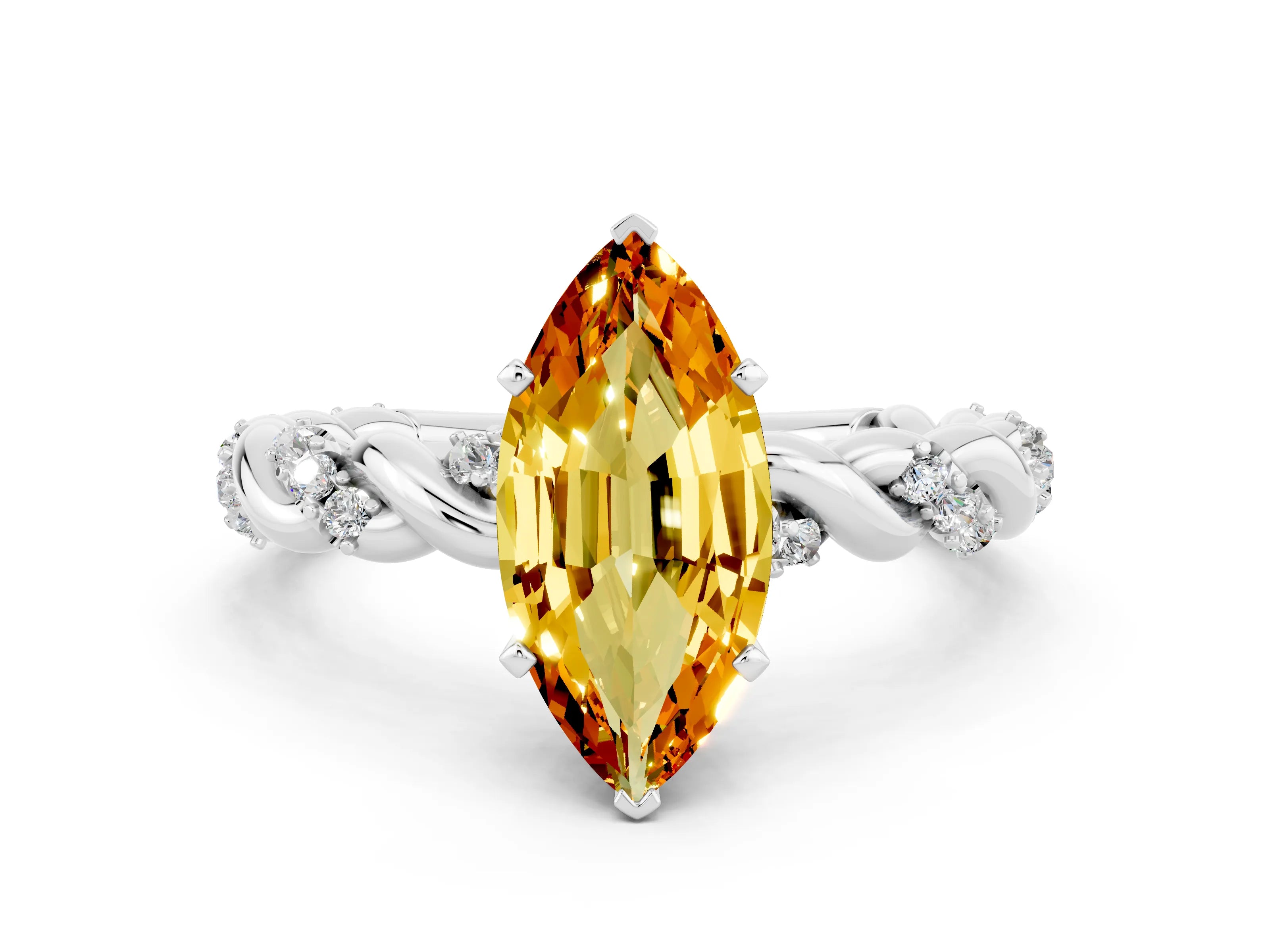 White gold Marquise Cut Citrine Solitaire Ring with Twisted Band and Pavé Accents