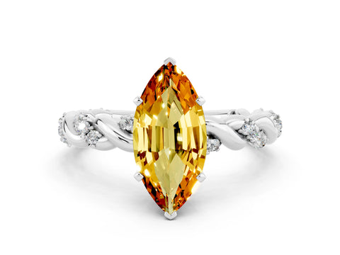 White gold Marquise Cut Citrine Solitaire Ring with Twisted Band and Pavé Accents