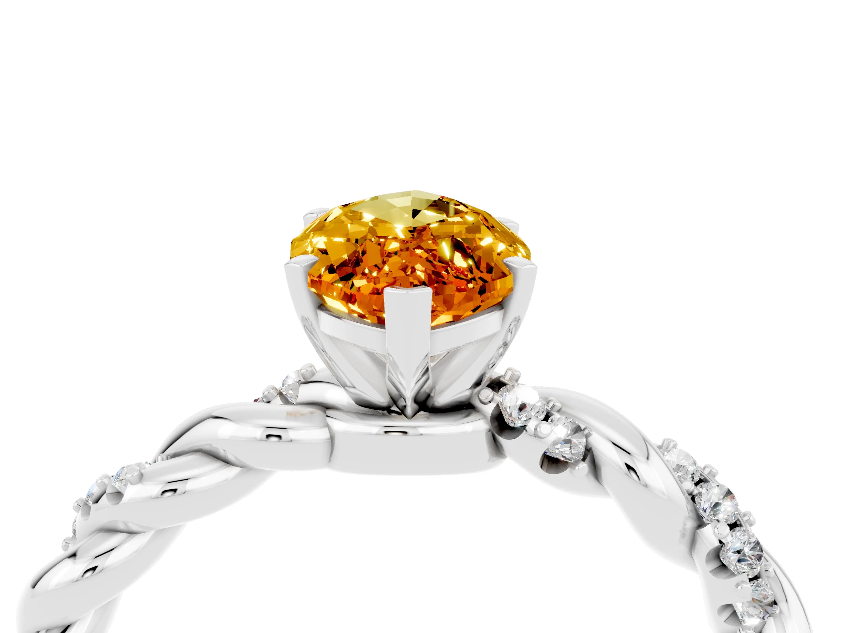 White gold Marquise Cut Citrine Solitaire Ring with Twisted Band and Pavé Accents_4