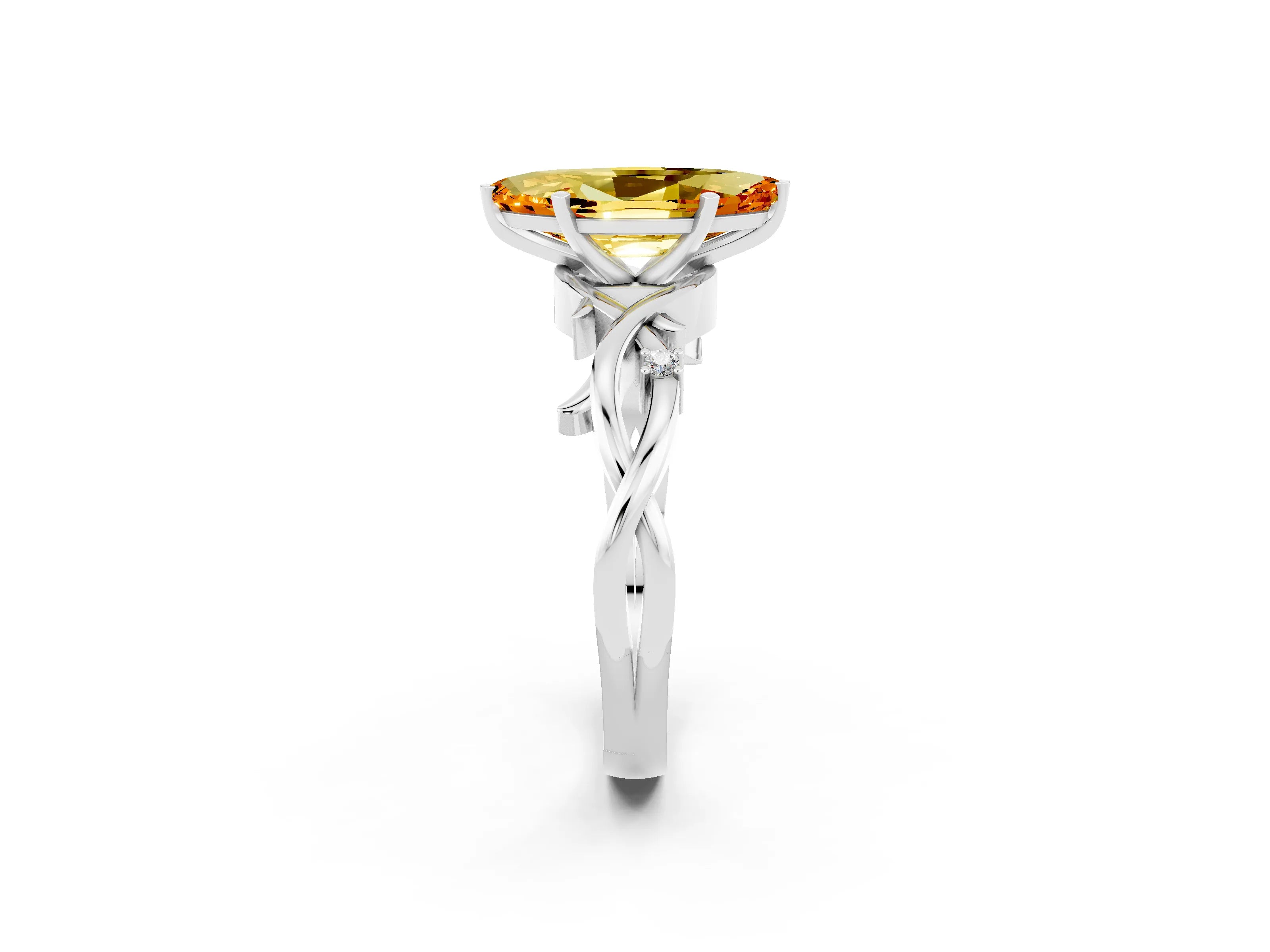 White gold Marquise Cut Citrine Solitaire Ring with Twisted Band and Prong Setting_14