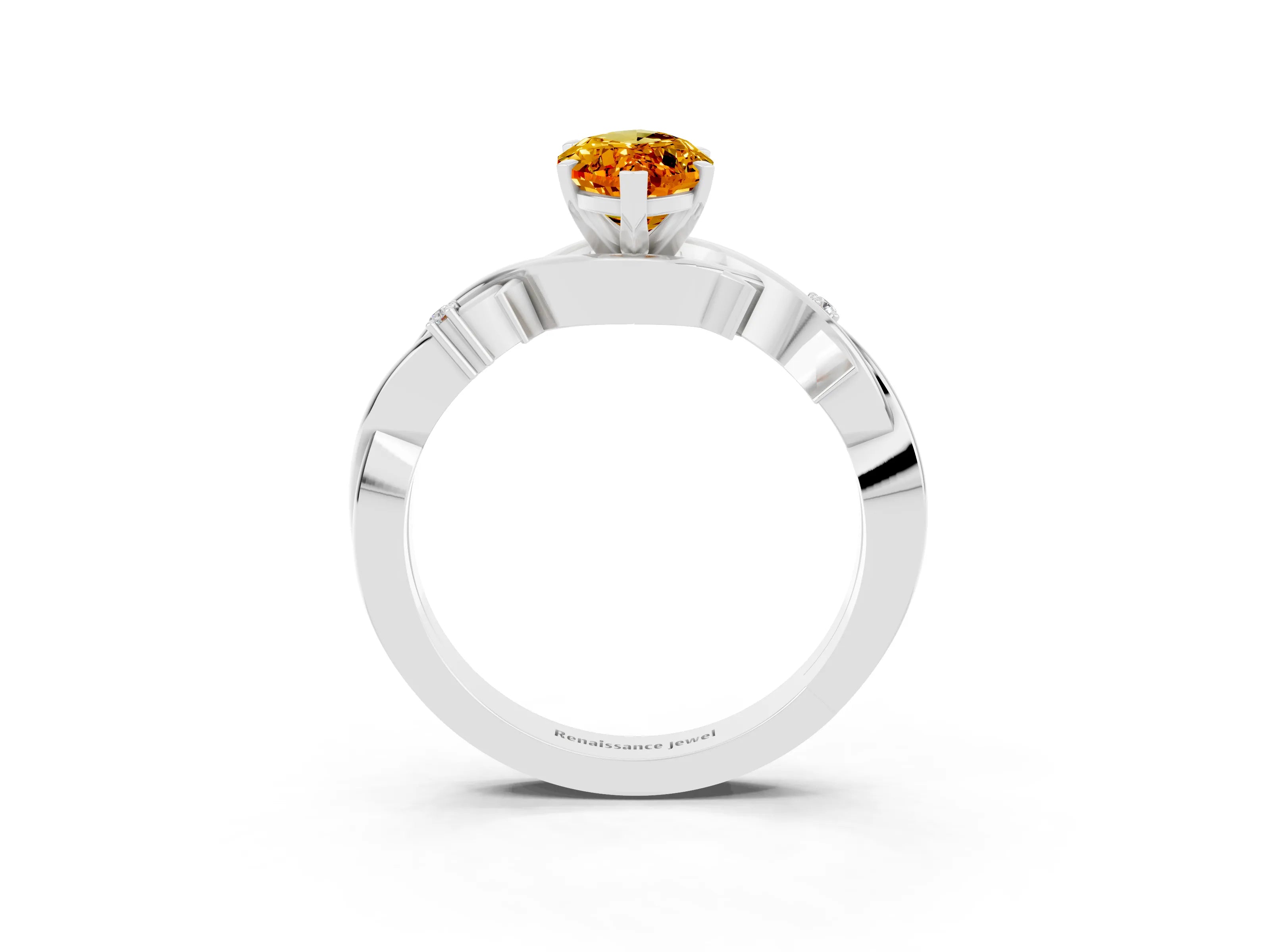 White gold Marquise Cut Citrine Solitaire Ring with Twisted Band and Prong Setting_15
