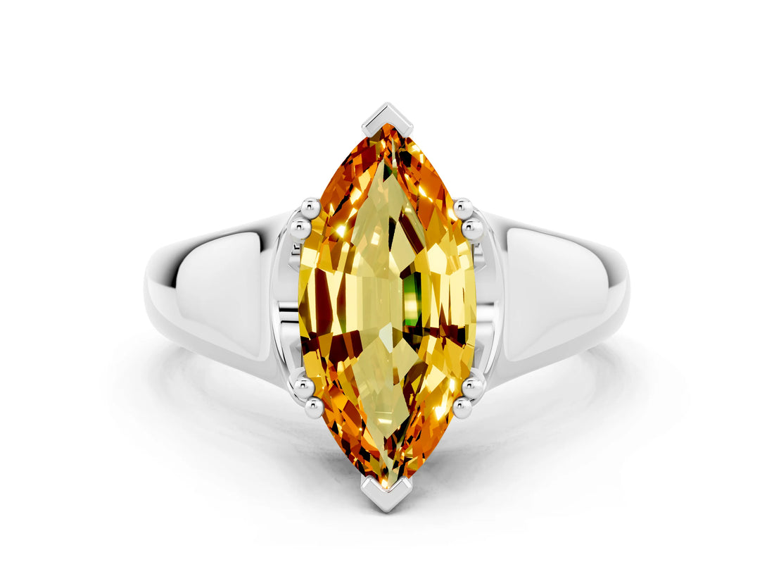 White gold Marquise Cut Citrine Solitaire Ring with Wide Band and Prong Setting