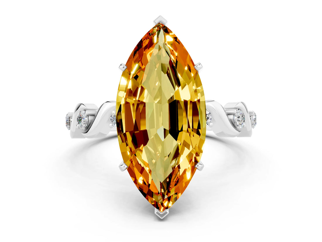 White gold Marquise Cut Citrine Solitaire Twisted Band with Round  Accents and Prong Setting_12