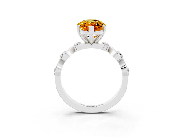 Platinum Marquise Cut Citrine Solitaire Twisted Band with Round  Accents and Prong Setting