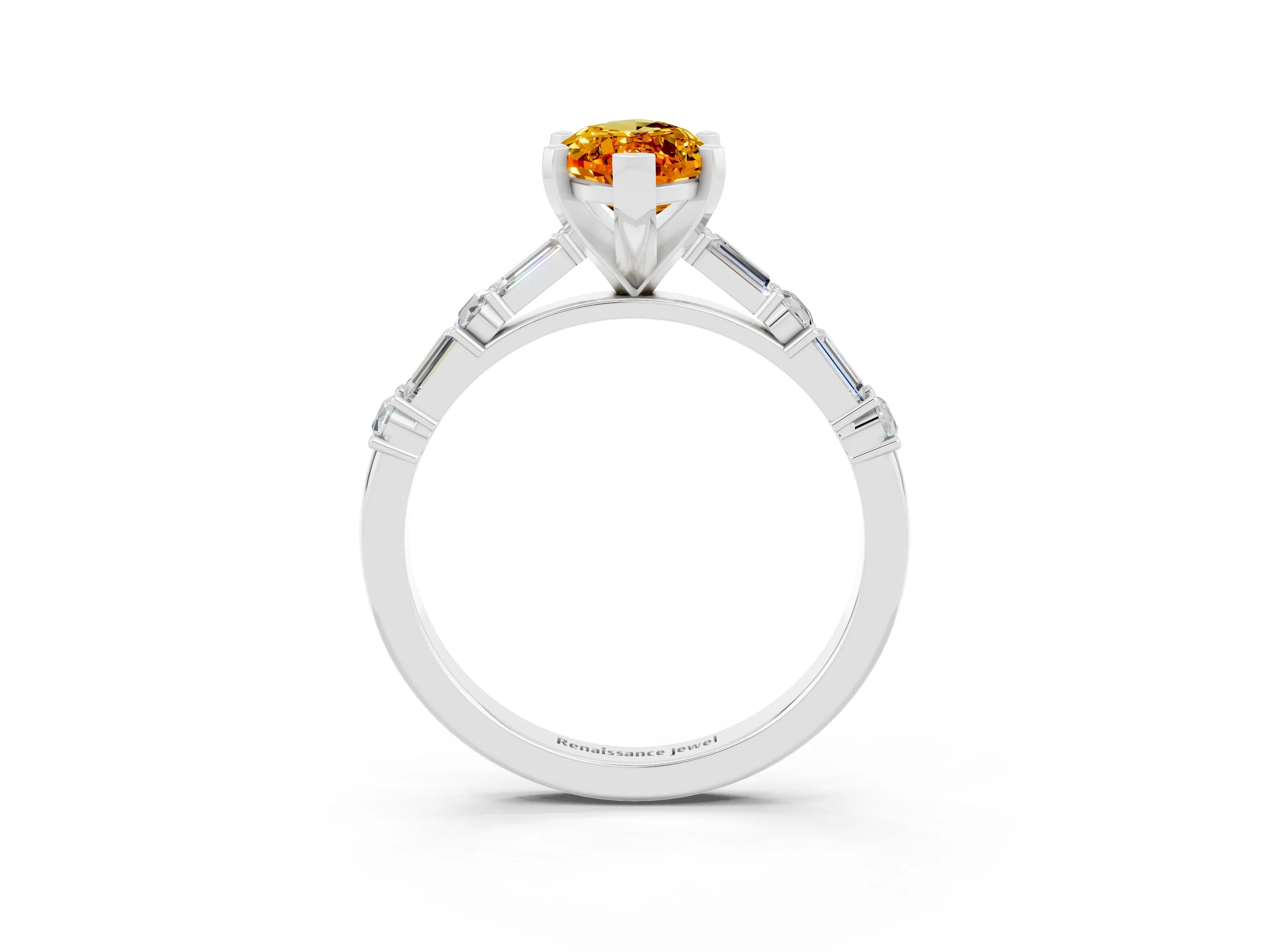 White gold Marquise Cut Citrine Solitaire with Side Baguettes and Channel Set Band_3
