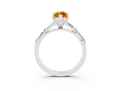 White gold Marquise Cut Citrine Solitaire with Side Baguettes and Channel Set Band_3