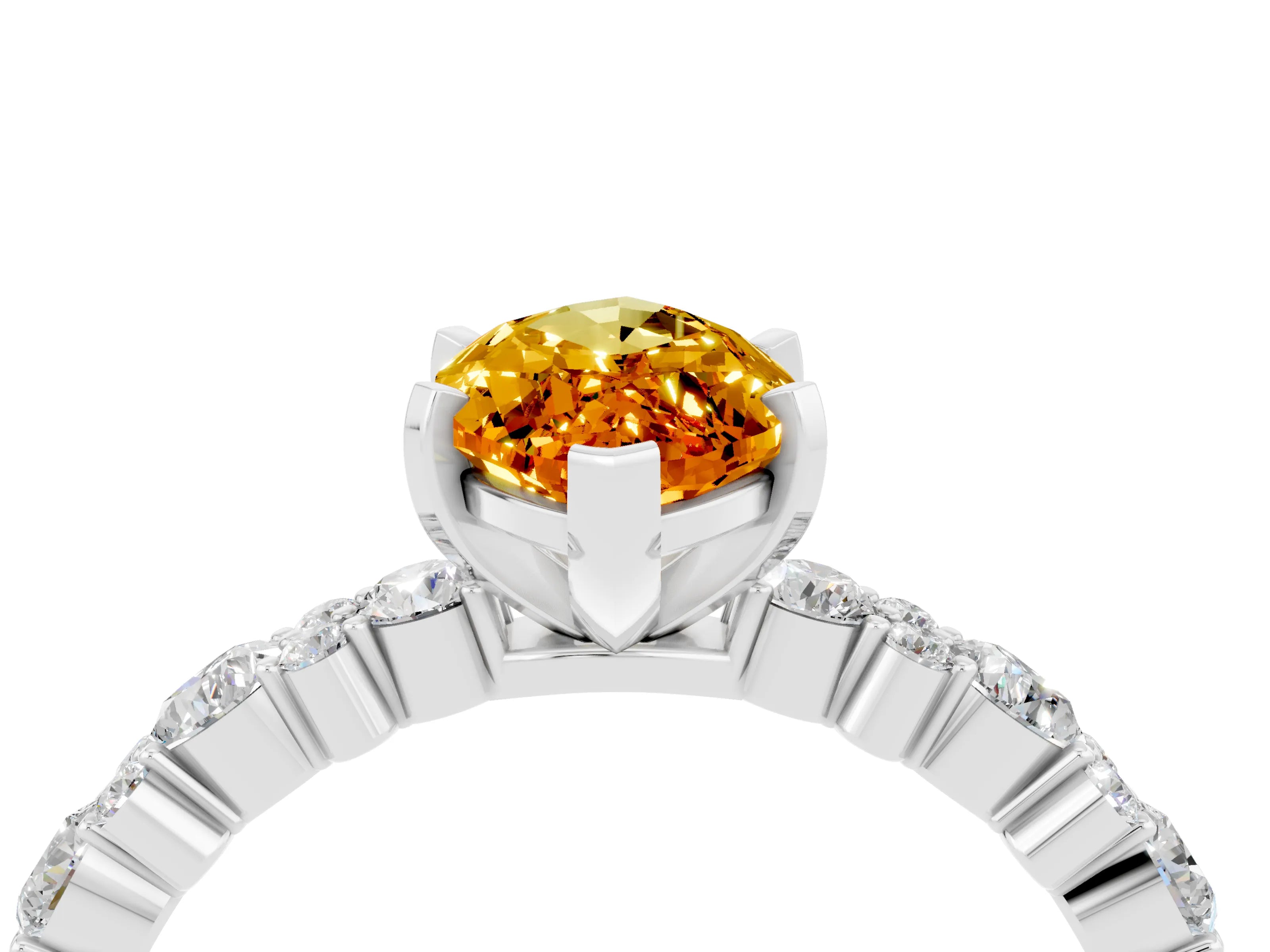 White gold Marquise Cut Citrine Solitaire with Side Stones, Pave Band, Four-Prong Setting_16