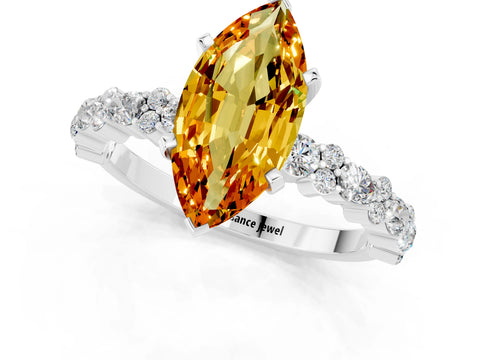 White gold Marquise Cut Citrine Solitaire with Side Stones, Pave Band, Four-Prong Setting_37
