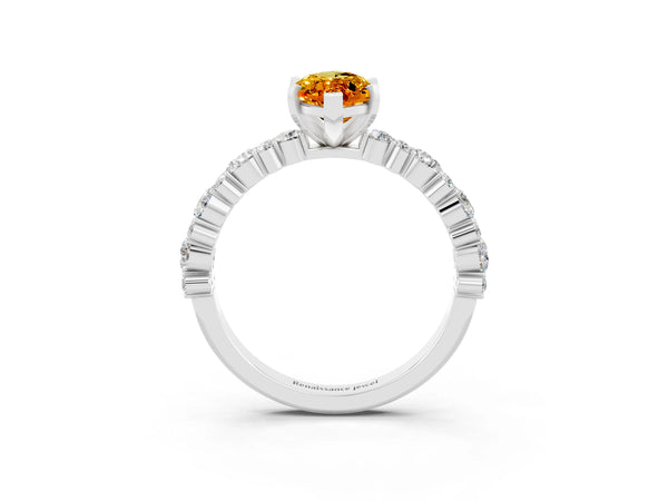 White gold Marquise Cut Citrine Side Stone Solitaire Ring with Round  and Four-Prong Setting