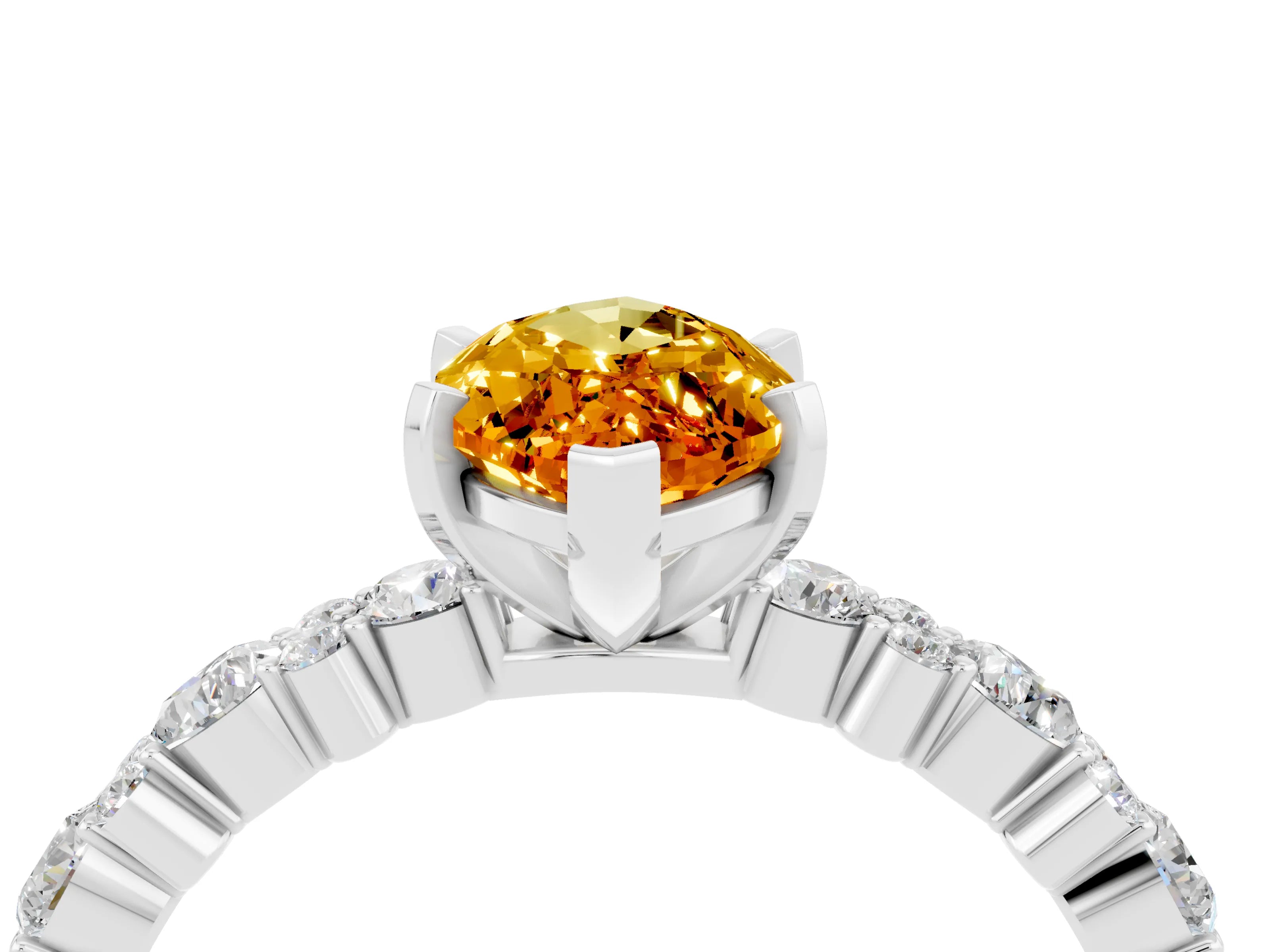 White gold Marquise Cut Citrine Solitaire with Side Stones, Pave Band, Four-Prong Setting_40